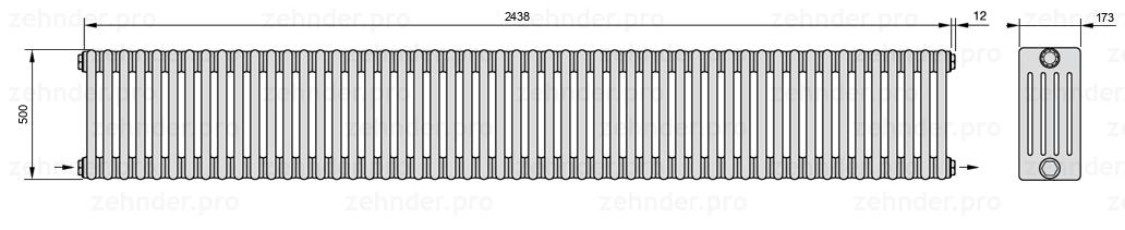 Схема (чертеж) Радиатор Zehnder Charleston 5050/53 №2670 Белый глянцевый RAL 9016